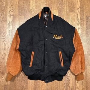 Vintage 90s Mack Truck Embroidered Bulldog Dog Wool Suede Leather Jacket Mens XL